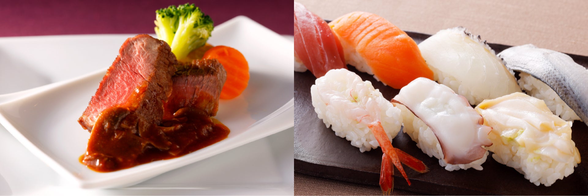 左：牛ヒレ肉のポワレ　十勝マッシュルームソース　右：握り寿司6種