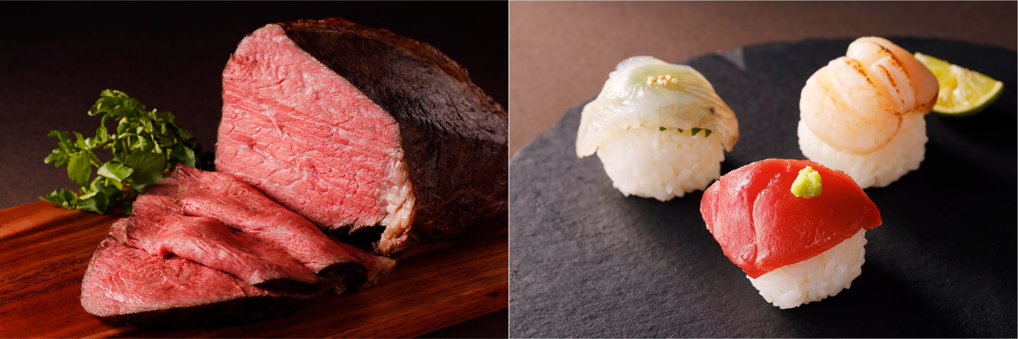 左：十勝和牛のローストビーフ　右：海鮮手まり寿司