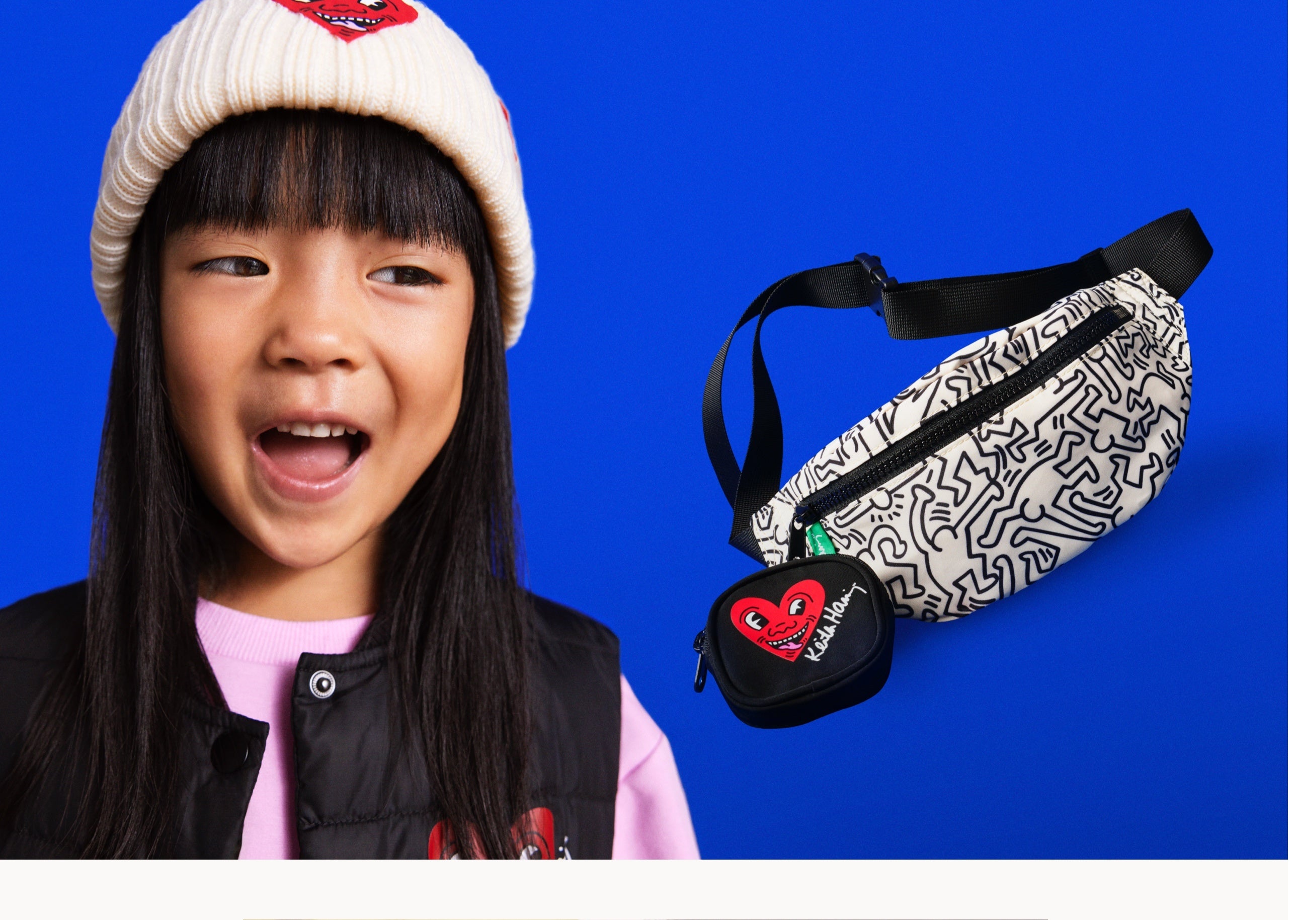 H&Mキッズ「Keith Haring x H&M（キースへリング x エイチ・アンド・エム ）」コレクション：左からリブニットキャップ￥1,799 プリントスウェットワンピース￥1,999 ベスト(日本展開なし) 右 プリントウエストバッグ￥1,999