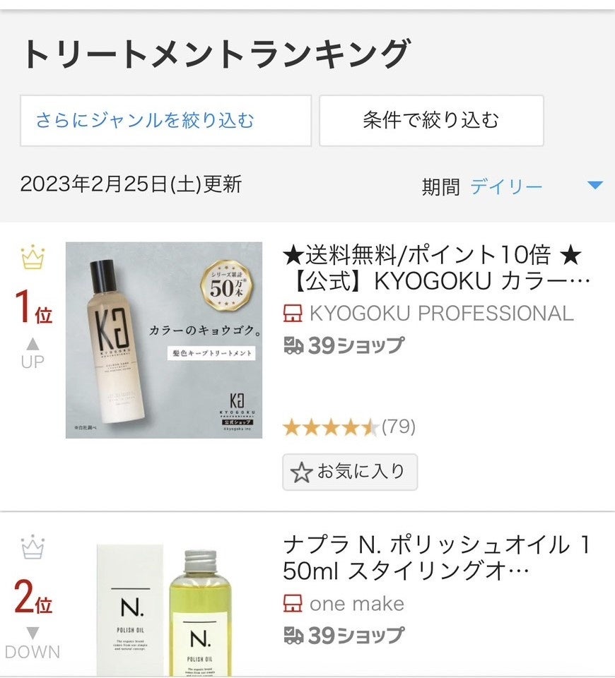 株式会社kyogokuが展開する美容ブランド「KYOGOKU PROFESSIONAL」で人気の「カラーケアトリートメント」が楽天の人気ランキングで殿堂入りをしました！