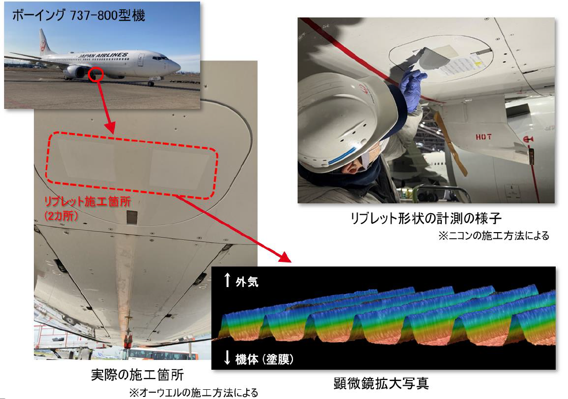 JAL、JAXA、オーウエル、ニコン世界初、塗膜にリブレット形状を施工した航空機で飛行実証試験を実施