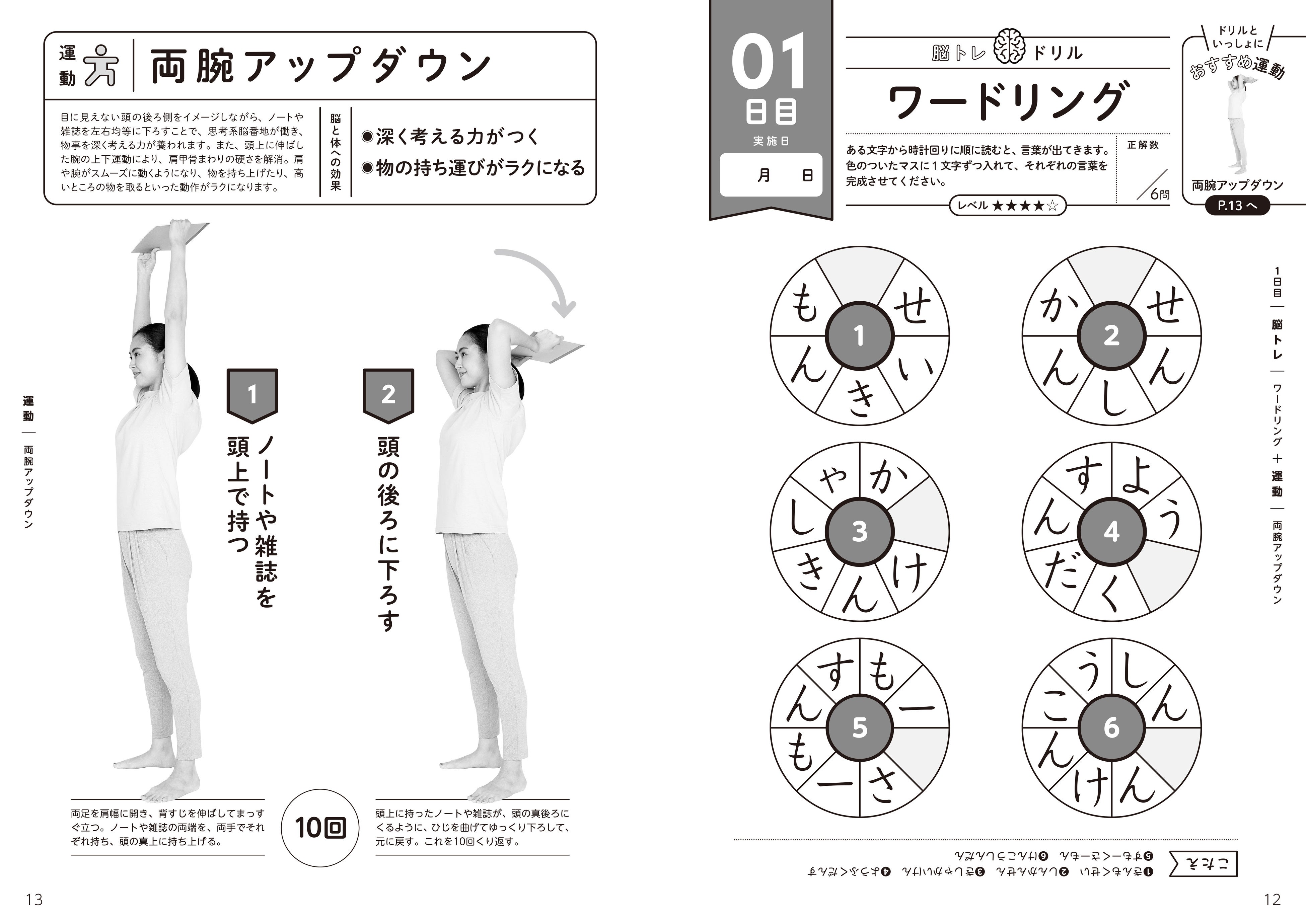 アナグラムや同じもの探し、ひらがな計算から懐かしの歌やテレビ番組のタイトル思い出しクイズまで、楽しい脳トレ問題やパズルがたっぷり。さらに、一緒に行うと効果的な体操を紹介。体操の監修も脳内科医の加藤俊徳先生。体操にも、脳と体の両方を鍛える効果が期待できます。