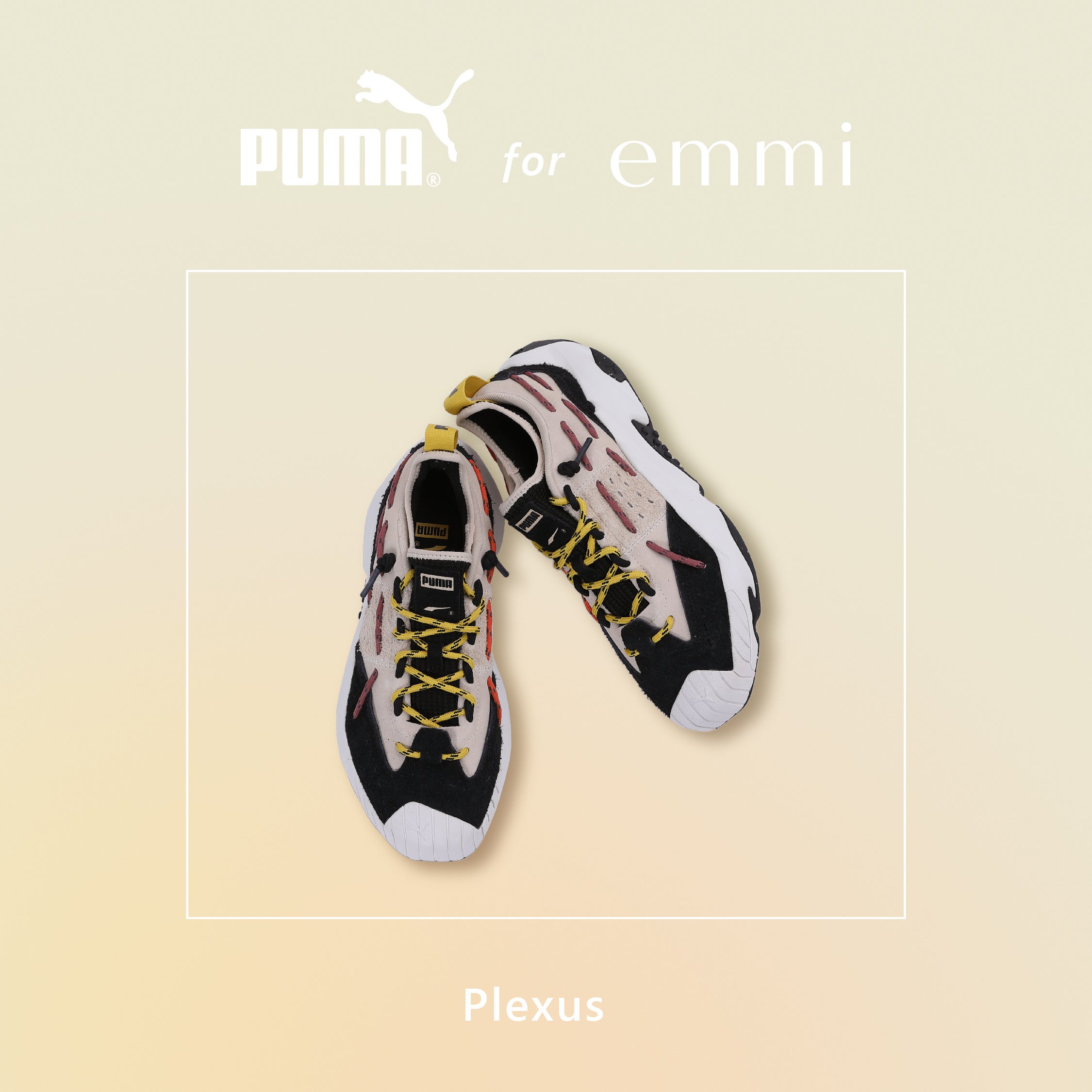 【PUMA for emmi】サイドに施したシューレースが印象的なニュースタイルのスニーカーPlexusを別注。華やかな彩りでアクティブシーンにも活躍。