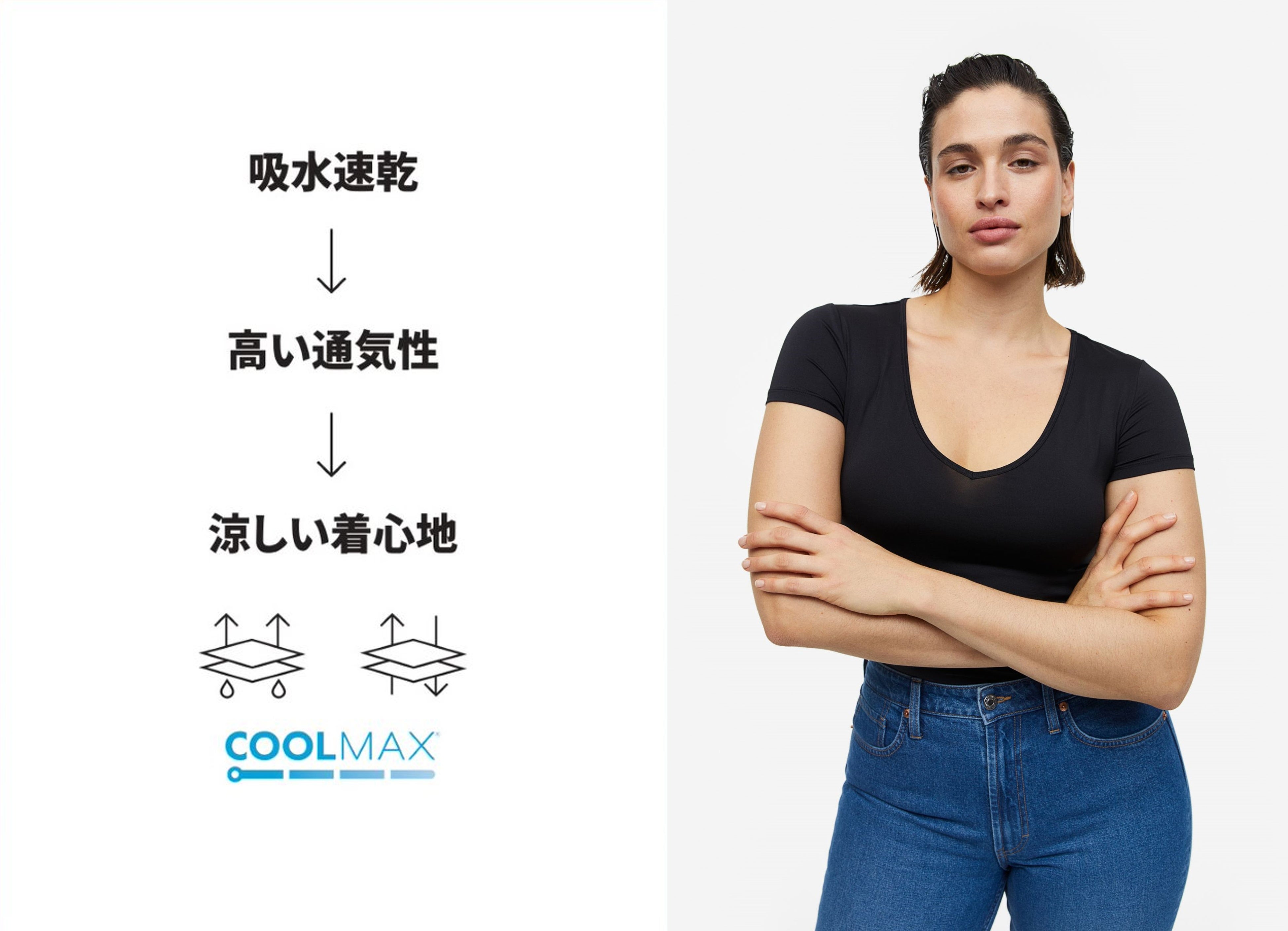 H&M 2023年最新ウィメンズウェア ベーシックアイテム 「COOLMAX®（クールマックス）」 VネックTシャツ ¥999