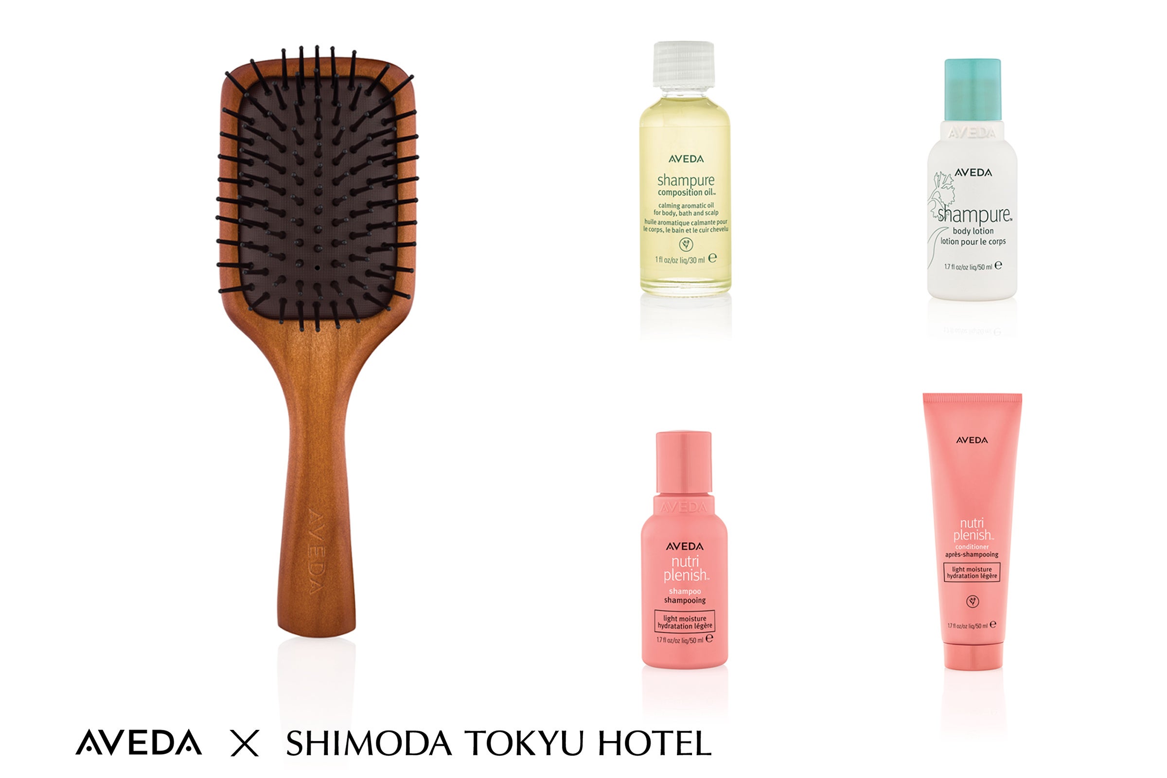 AVEDAのミニパドルブラシとヘアケア製品ミニボトル