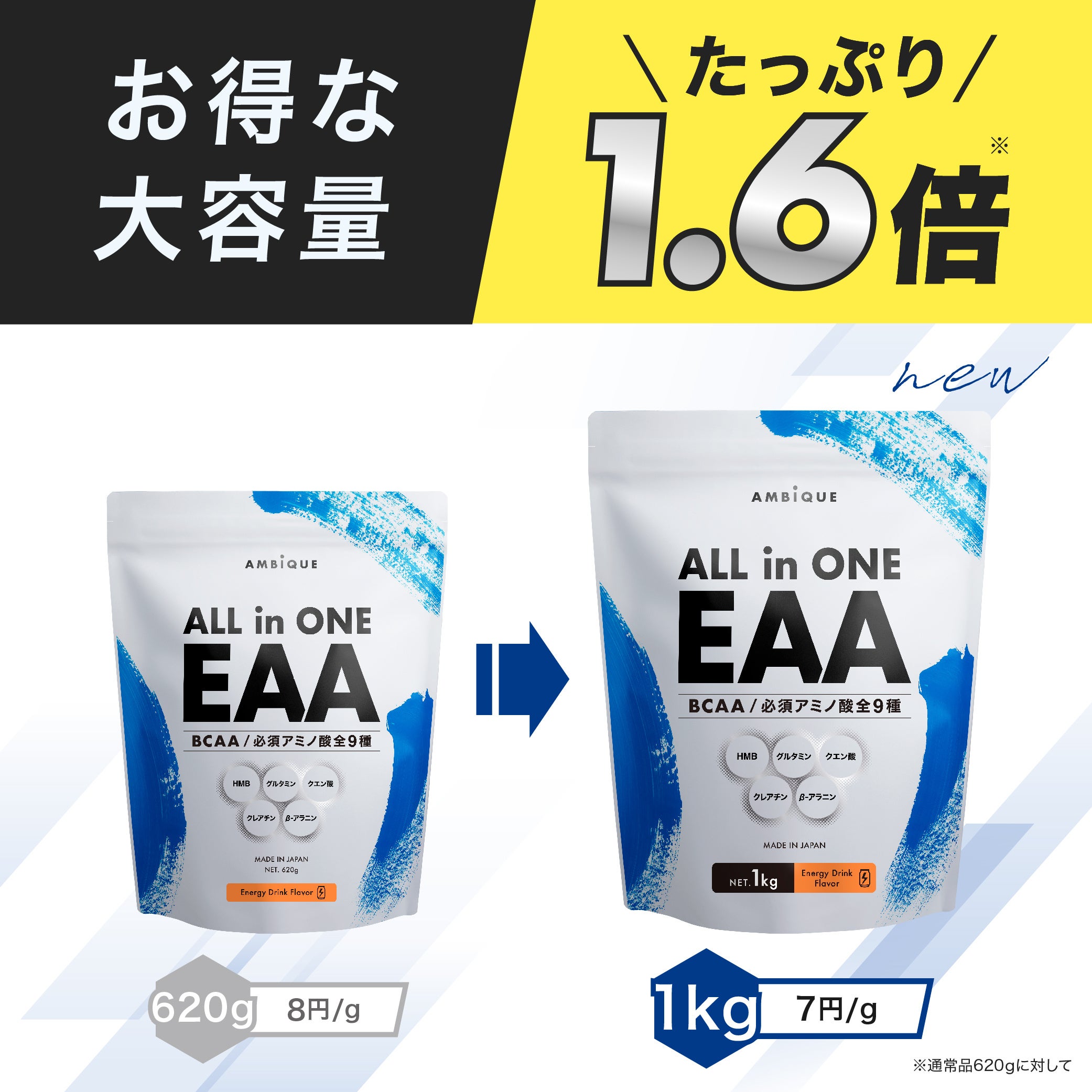 大人気フレーバーからビックサイズ誕生!!業界初*１EAA・BCAA筋トレサポート成分をこれ一つで！アンビーク オールインワンEAAエナジードリンク風味1kg 　6月22日(木)発売