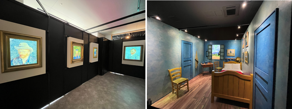 （写真左）第1会場：肖像画ギャラリー、（写真右）第2会場：アルルの寝室