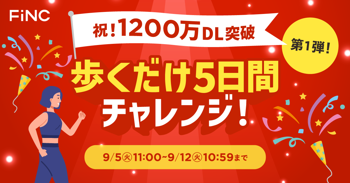 ヘルスケア/フィットネスアプリ「FiNC」累計1,200万ダウンロード達成！日頃の感謝を込めて、第1弾「歩くだけ5日間チャレンジ」を本日より開催