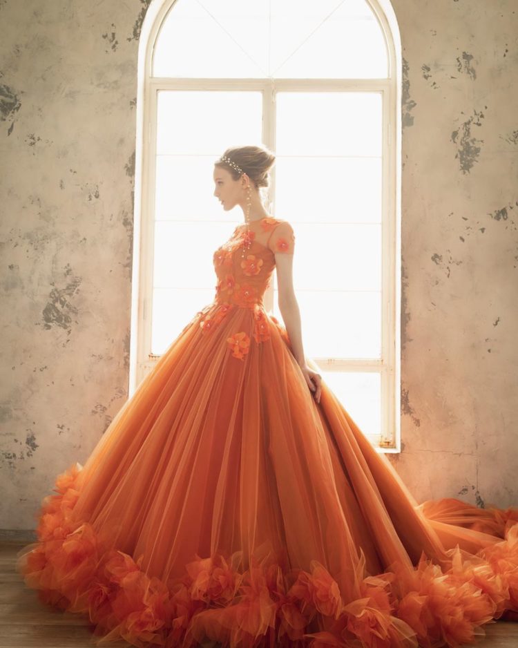 オレンジ ウェディングドレス カクテルドレス 前撮りドレス-