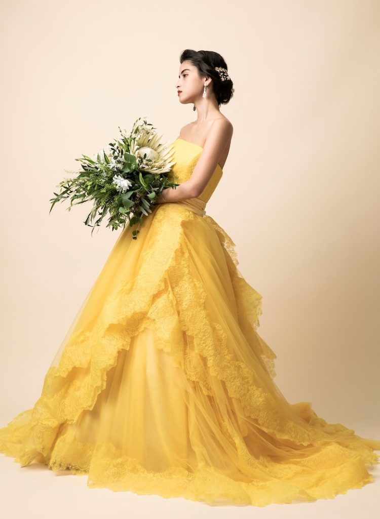 【yns wedding】マスタードイエローカラードレス 披露宴、花嫁二次会、1,5次会向け「YNSウェディングl